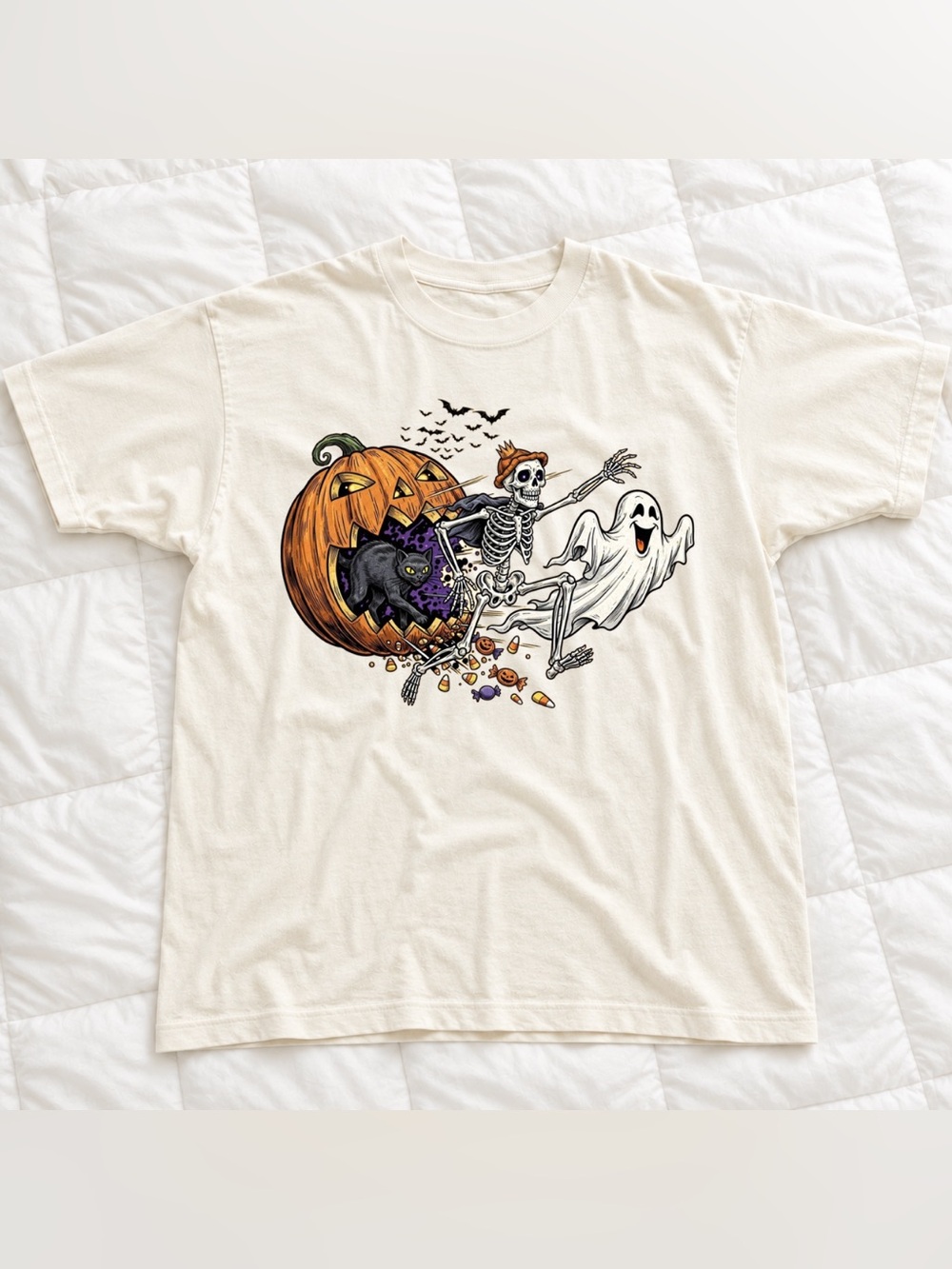 Ghost & Skeleton Halloween Graphic Tee for Unisex- Cream Vintage Style